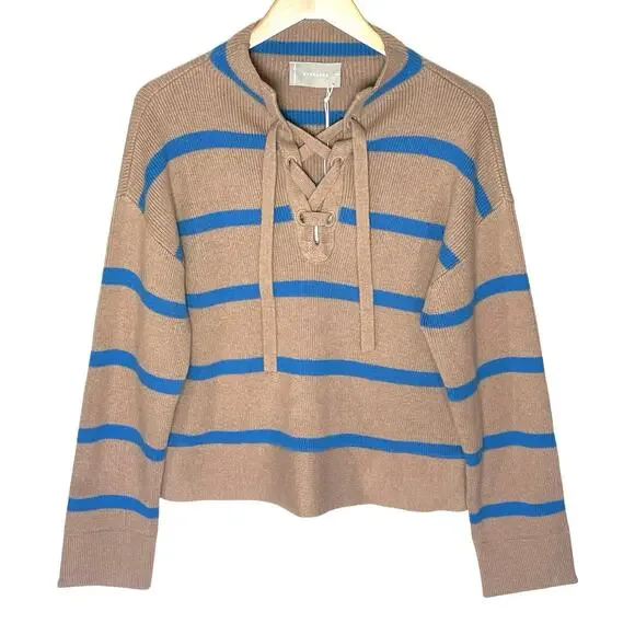NWT EVERLANE Women’s Camel and Blue Striped Lace Up Sweater Small - Picture 2 of 4